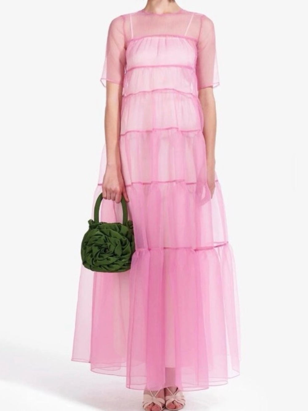 STAUD Pink Sheer Tiered Maxi Dress